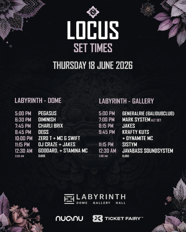 Official LOCUS Bali 2026 Thursday set-time graphic featuring Pegasus
