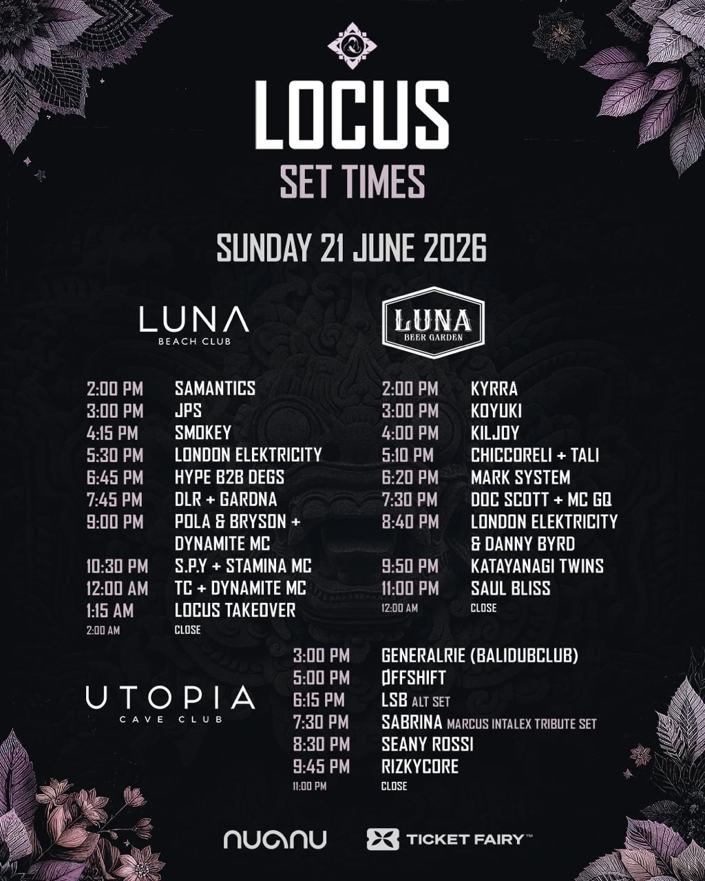 Official LOCUS Bali 2026 updated Sunday set-time graphic featuring Samantics